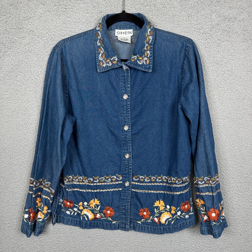 VTG Simrin Top Womens M Blue Denim Embroidered Floral Boho Cowgirl Ranch Prairie - Picture 2 of 11
